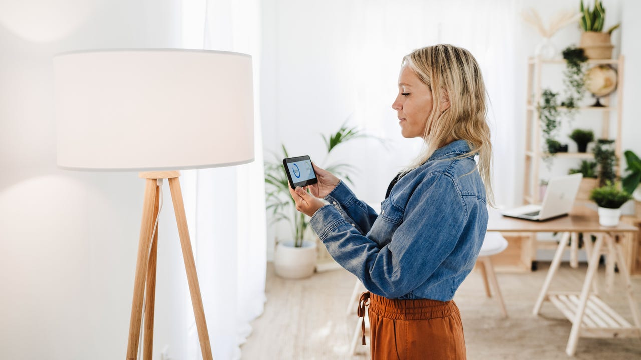 Woman checking electrical consumption of lamp at home - stock photo