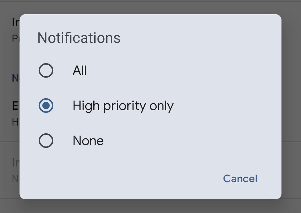 The Gmail Notifications setting popup.