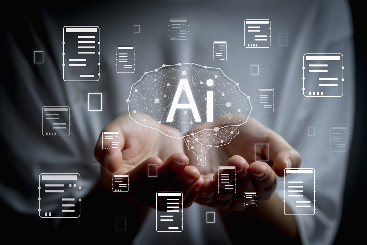Person with hands together holding up an AI graphic