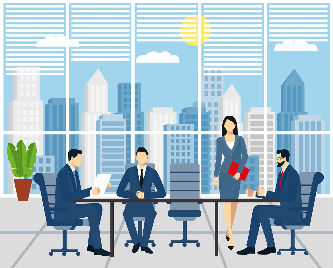 Stylized depiction of four businesspeople at an office table, one standing dynamically