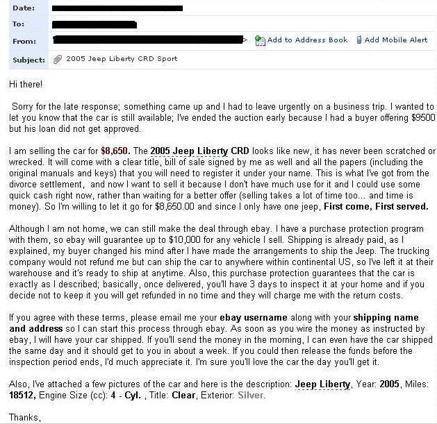 Bayrob eBay scam email