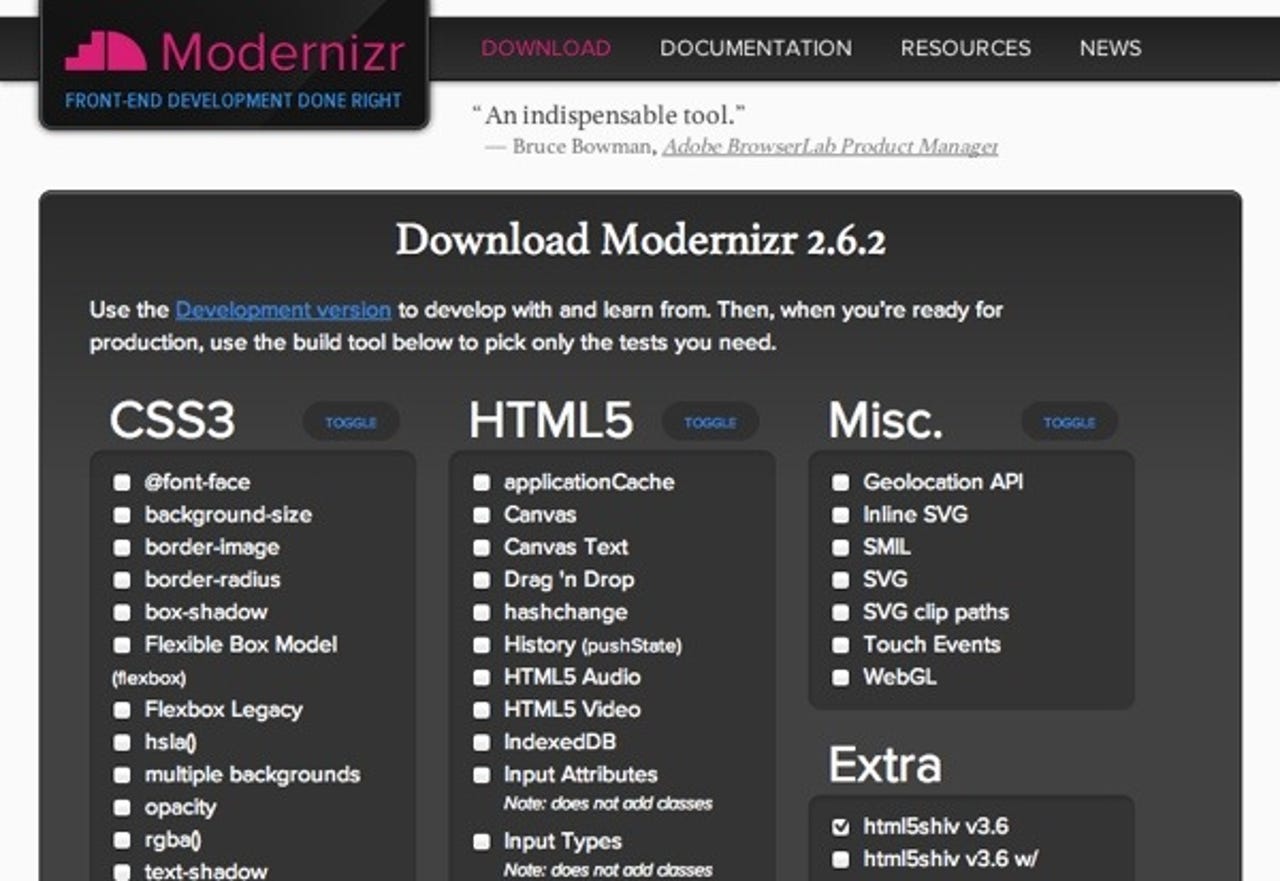 Modernizr Download Builder