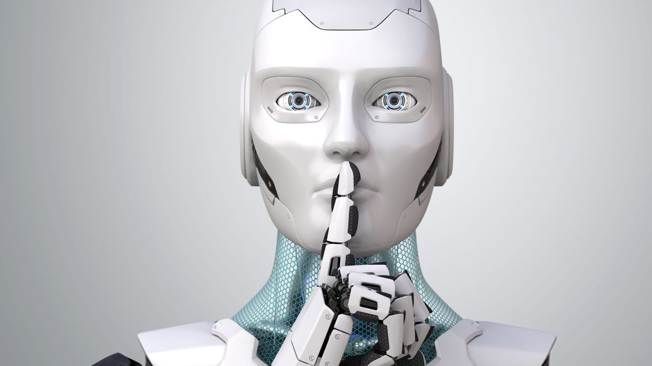 Robot with finger on lips asking for silence. 3D illustration