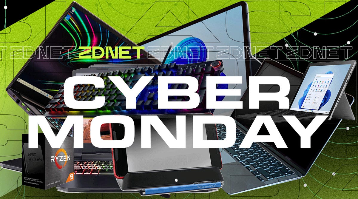 Large white Cyber Monday text with electronics behind it