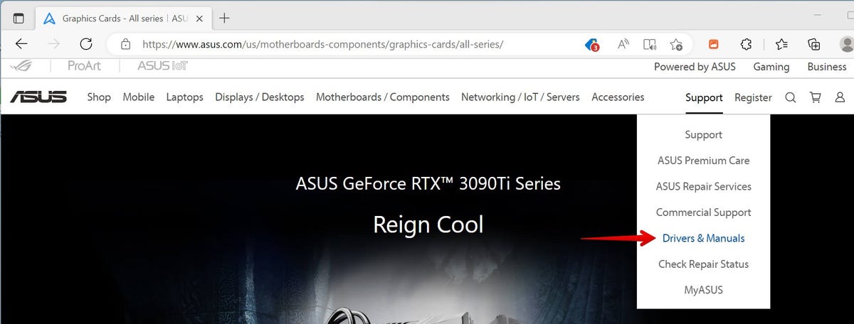 ASUS site with an arrow pointing to drivers and manuals