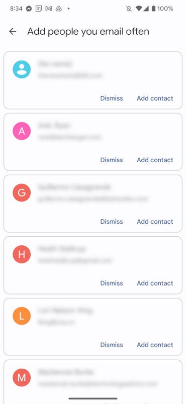The Google Contacts Add People You Email Often screen.