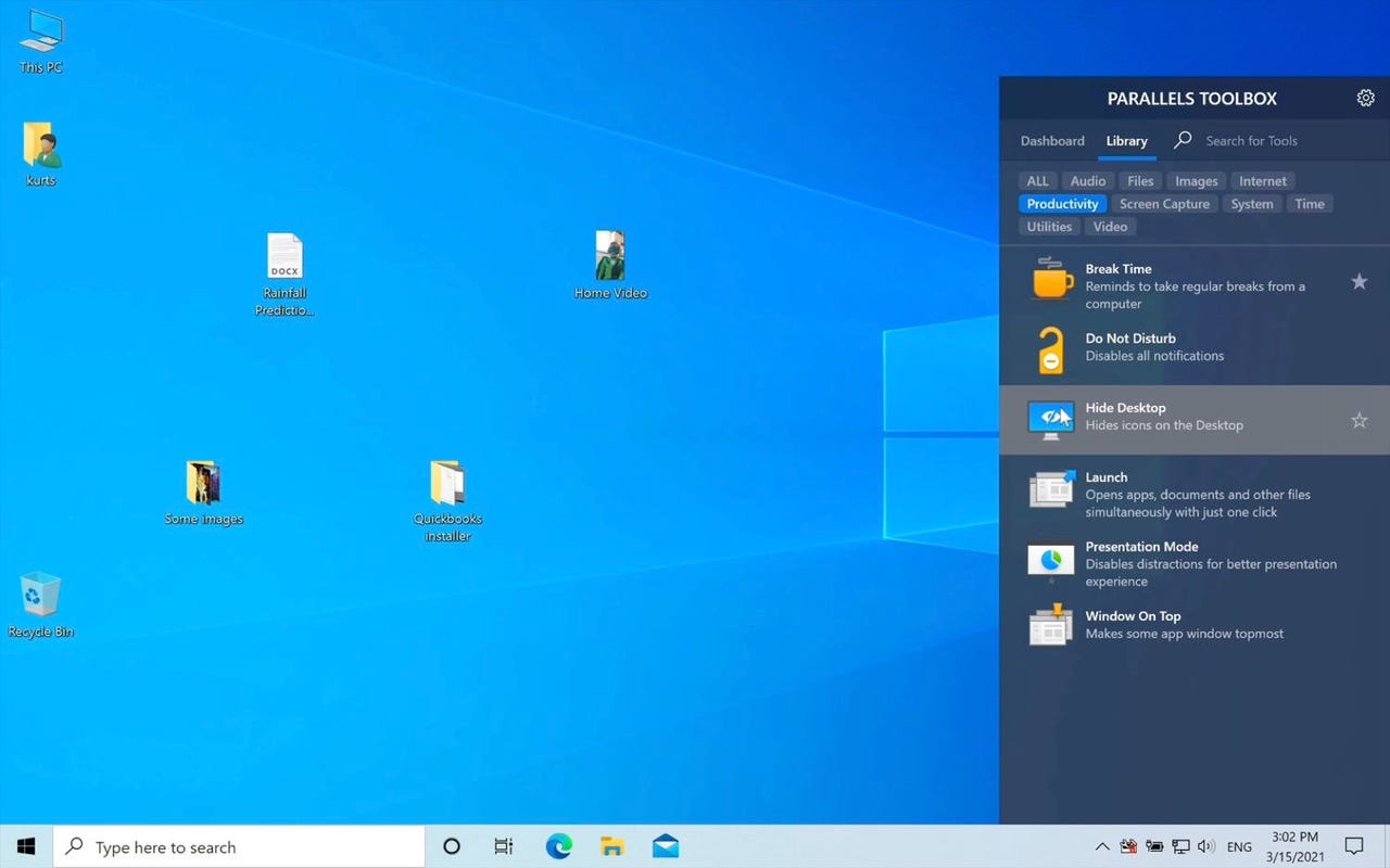 Parallels Toolbox for Windows: Hide Desktop
