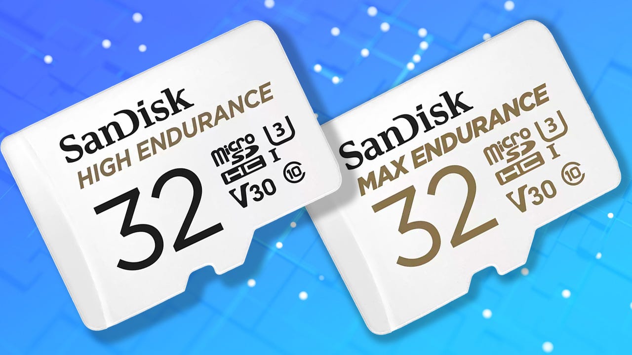 SanDisk High Endurance and Max Endurance microSD cards on blue background