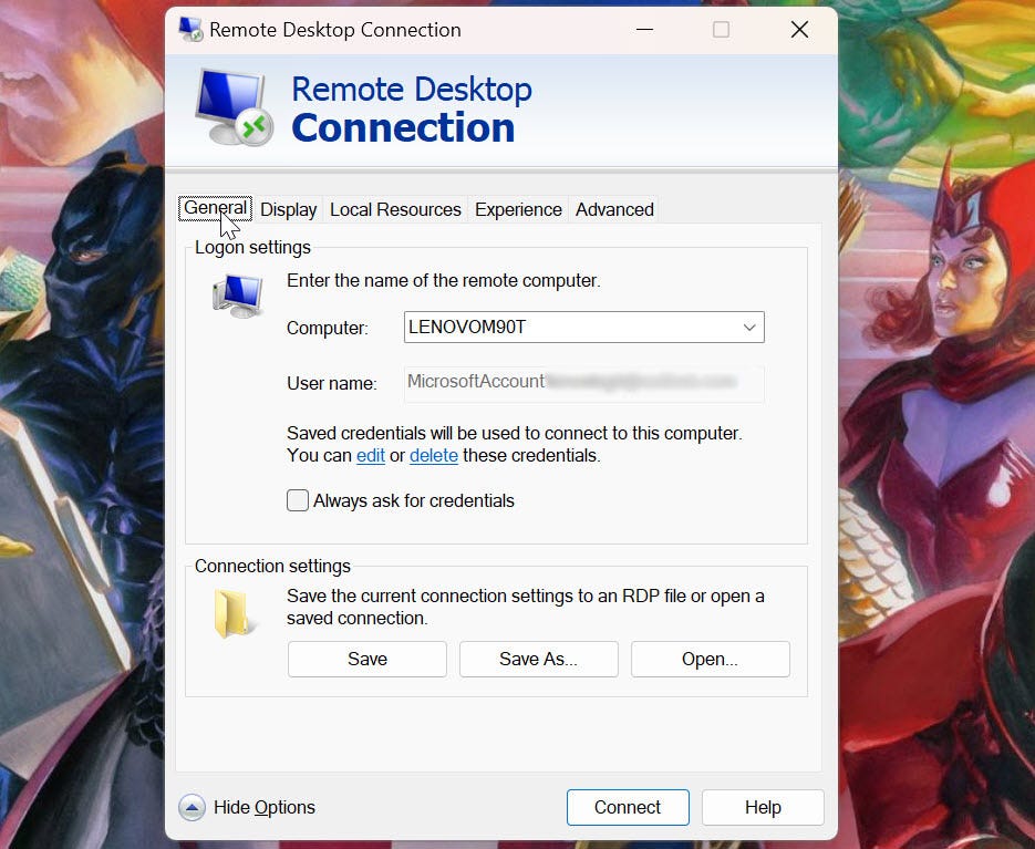 General settings for Remote Desktop Connection