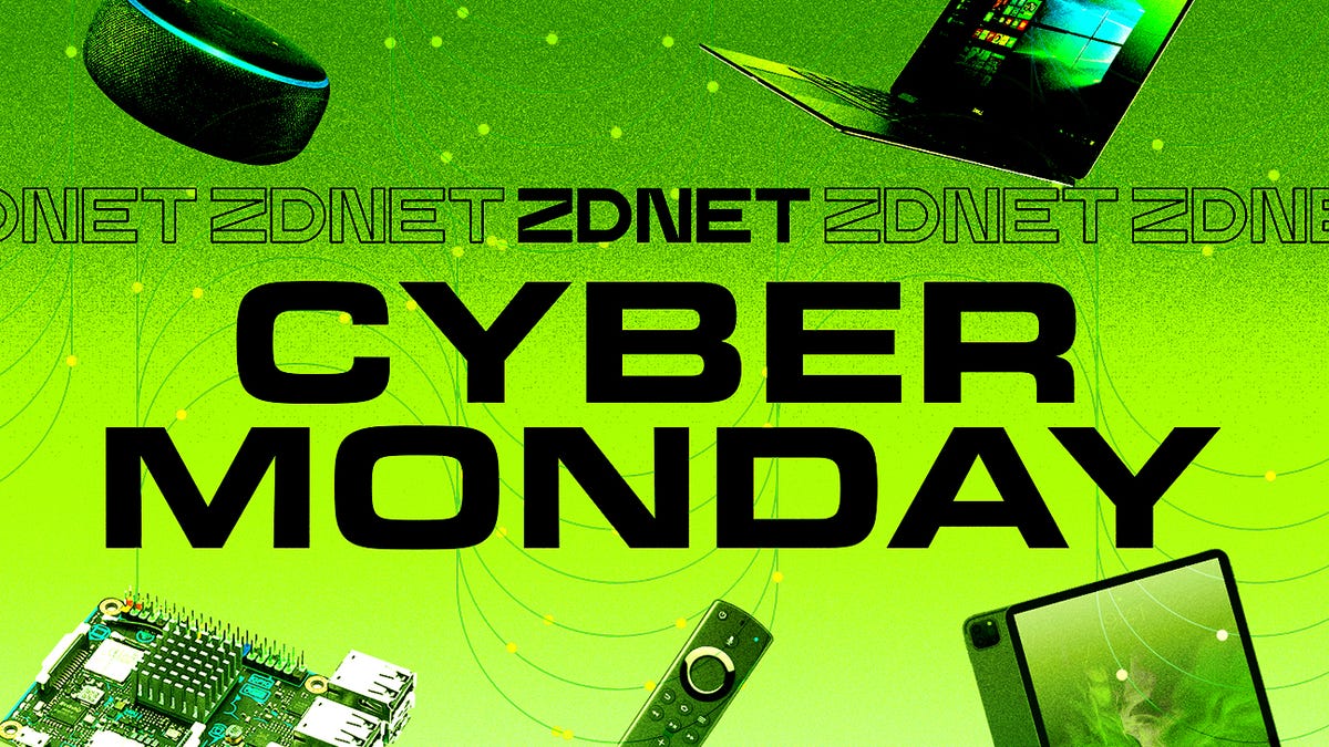 Large white Cyber Monday text with electronics behind it