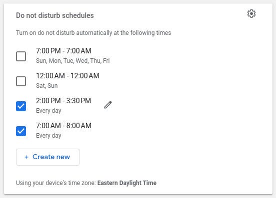 Google Chat Do not disturb schedules enabled.