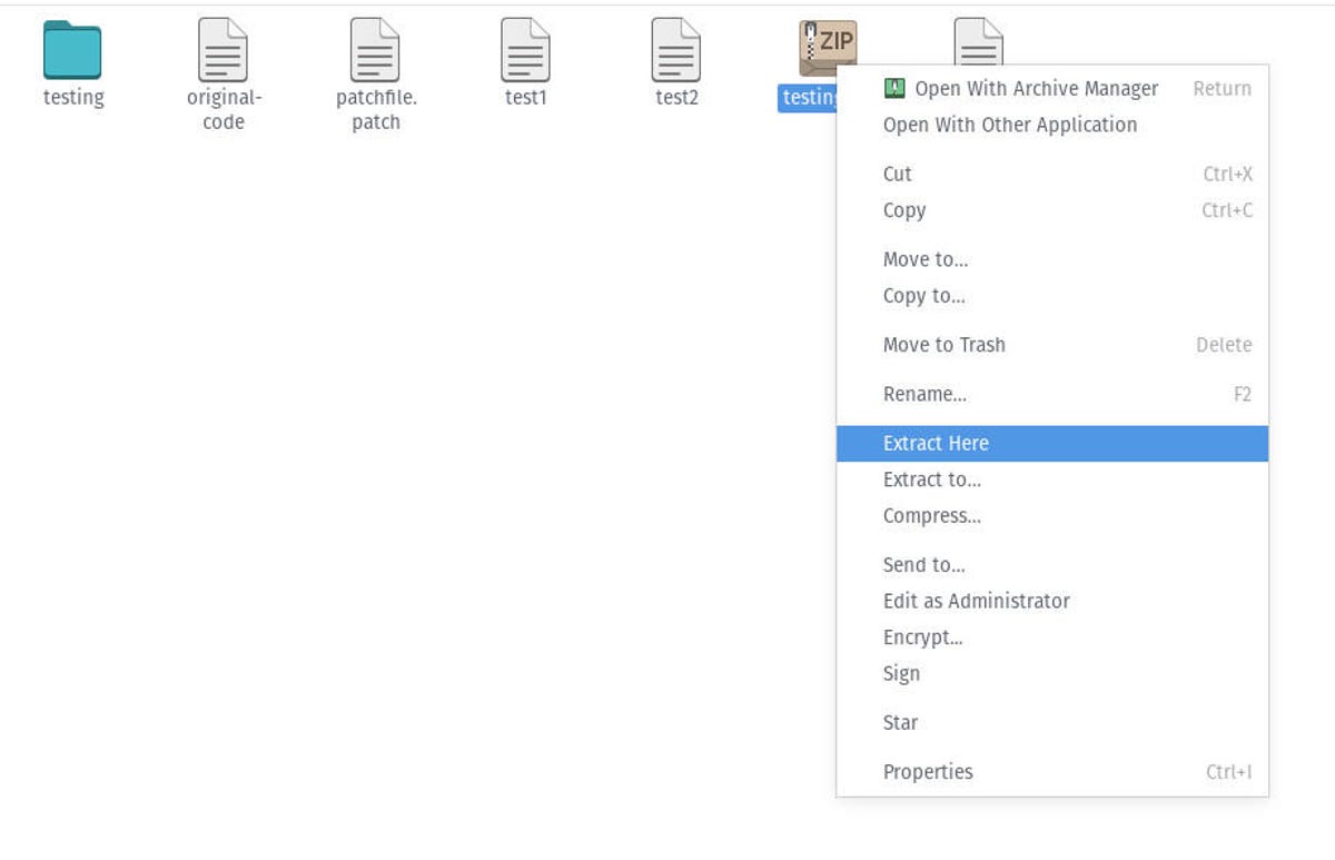 The Extract Here entry in the GNOME Files right-click context menu.