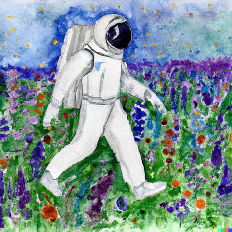 watercolor of an astronaut walking on a field of wildflowers