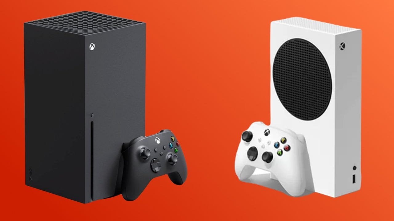 Xbox Series X (left) and Xbox Series S on red background