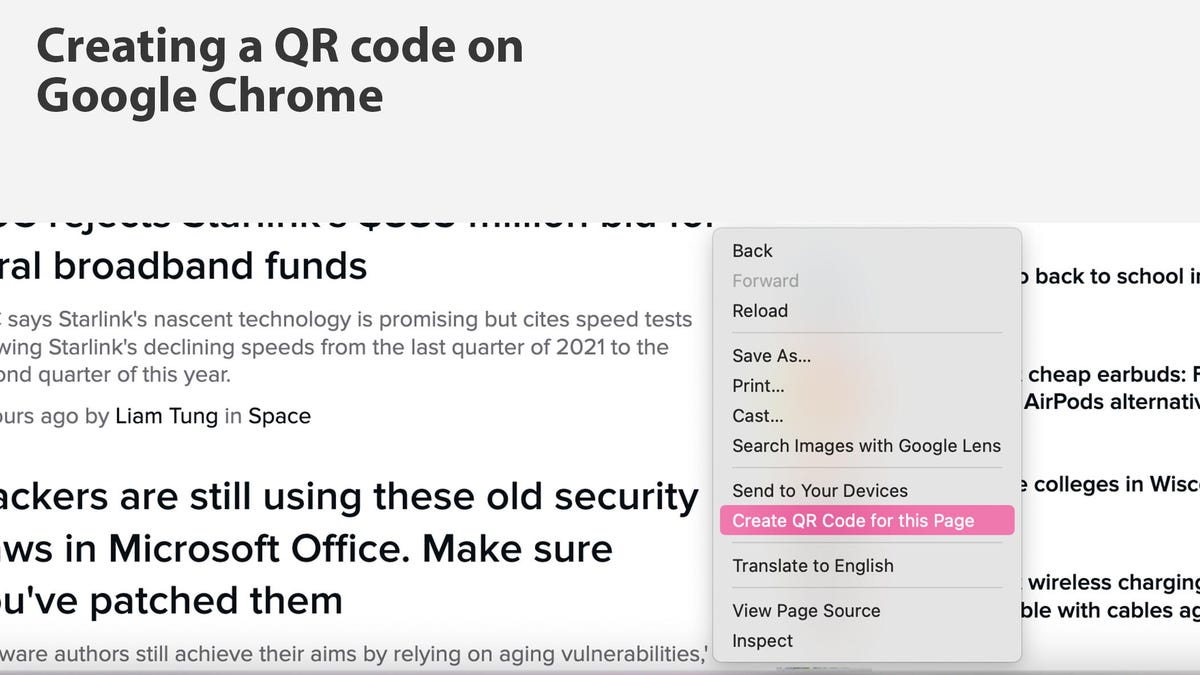 Screenshot showing how to create a QR Code from a website by right-clicking on the page and choosing Create QR Code