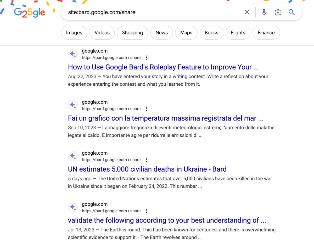 Bard links showing up in search results