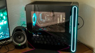 An Alienware Aurora, HP Omen 25L, and MSI MEG Trident X on a magenta background