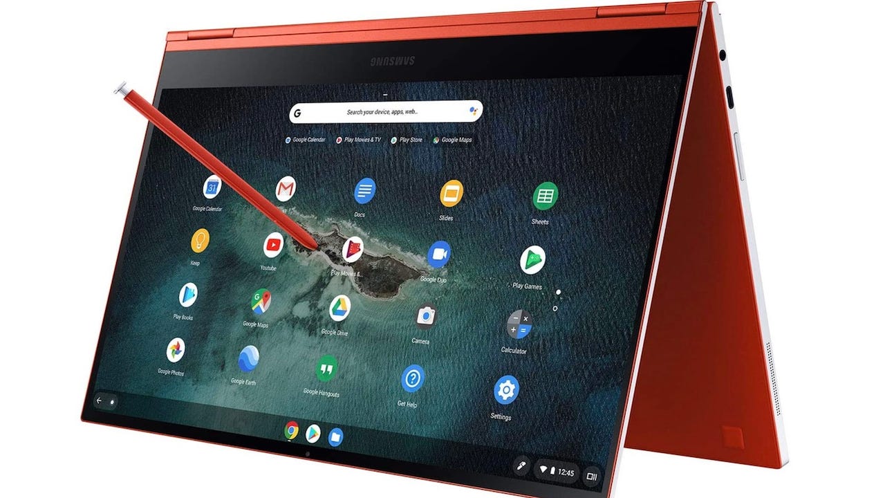Product image shot of red Samsung Galaxy Chromebook with red Samsung S Pen on its screen