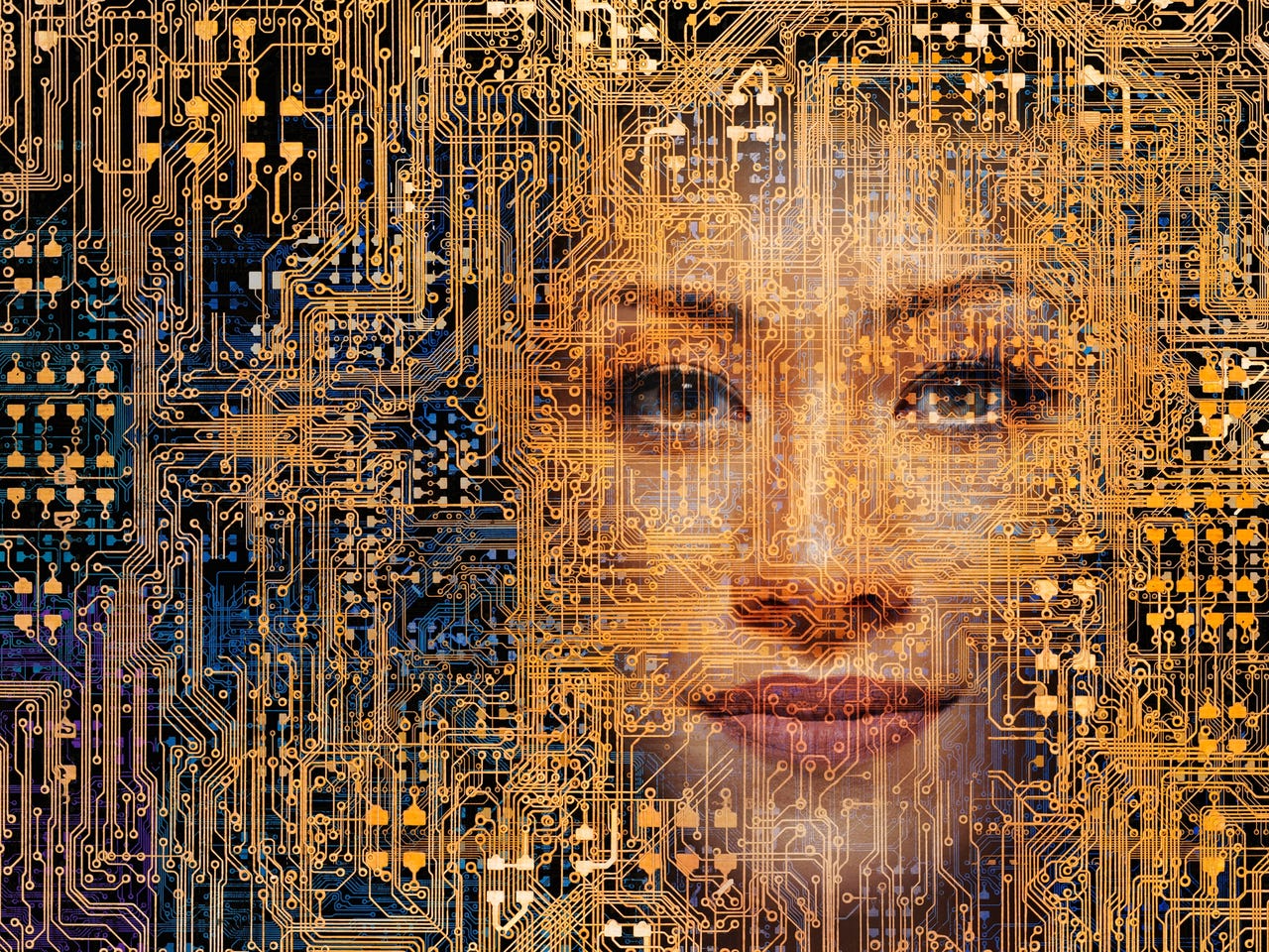 woman's face appears within a network of computer circuitry