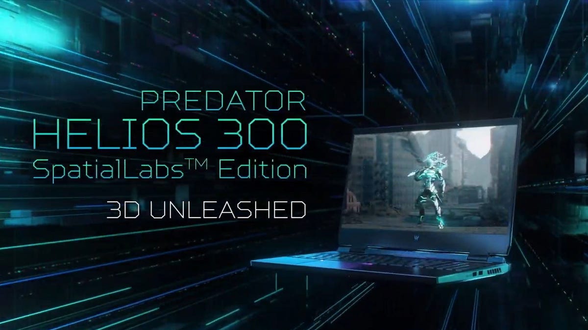 لپ‌تاپ Acer Predator Helios 300 SpatialLabs Edition روی پس‌زمینه دیجیتالی سبز و مشکی