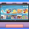A purple and pink Amazon Fire Hd 8 Kids tablet against a blue background
