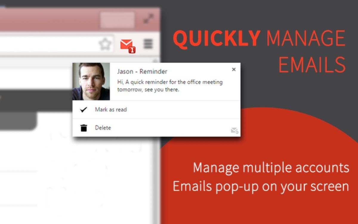 Checker Plus pour Gmail montrant une petite fenêtre popup d’email