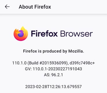 The About Firefox page in Android 13.