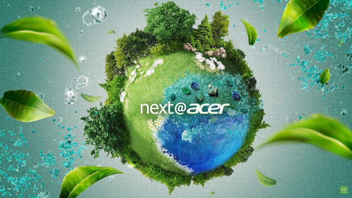 Next Acer event logo screen, featuring a stylized globe and leaves flying towards the camera.