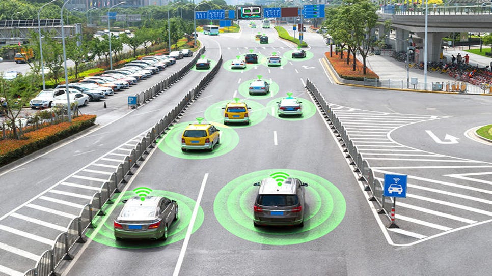 Smart car (HUD) and Autonomous self-driving mode vehicle on metro city road with graphic sensor signal.
