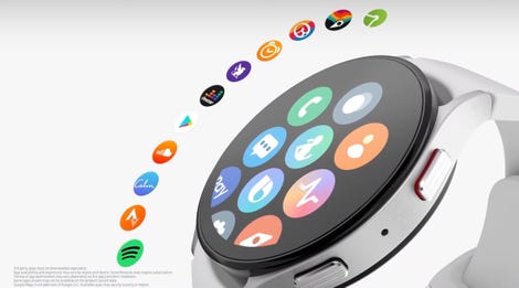 Galaxy Watch 5 side view showing app icons