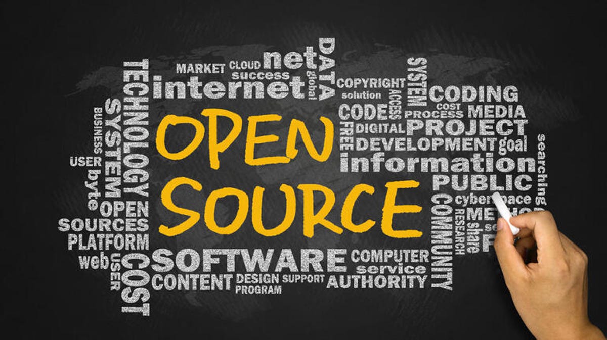 handwritten open source with related word cloud