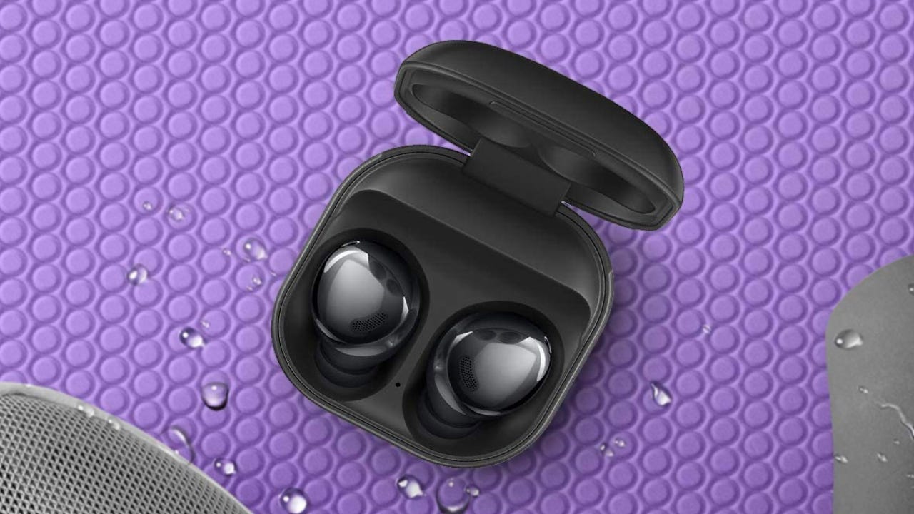 Samsung Galaxy Buds Pro in case with water drops around them