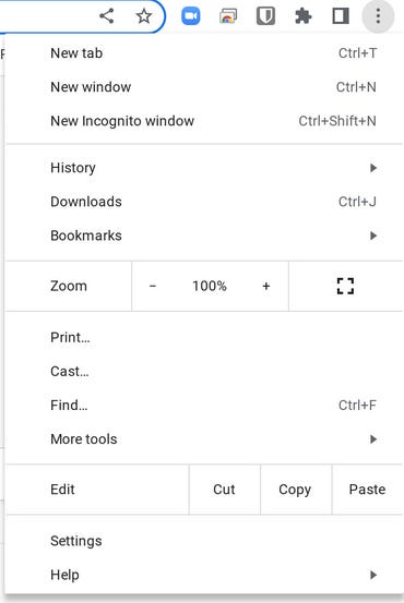 The Chrome popup menu in ChromeOS.