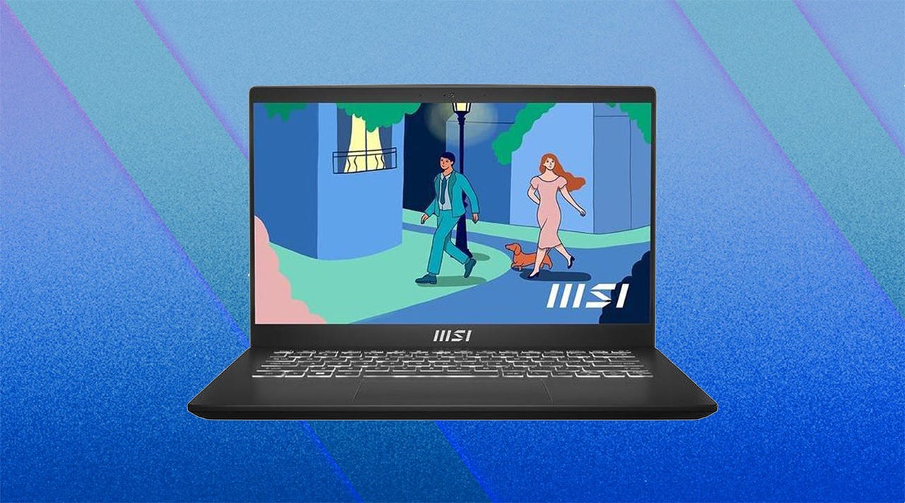 An MSI Modern 14 laptop on a blue background