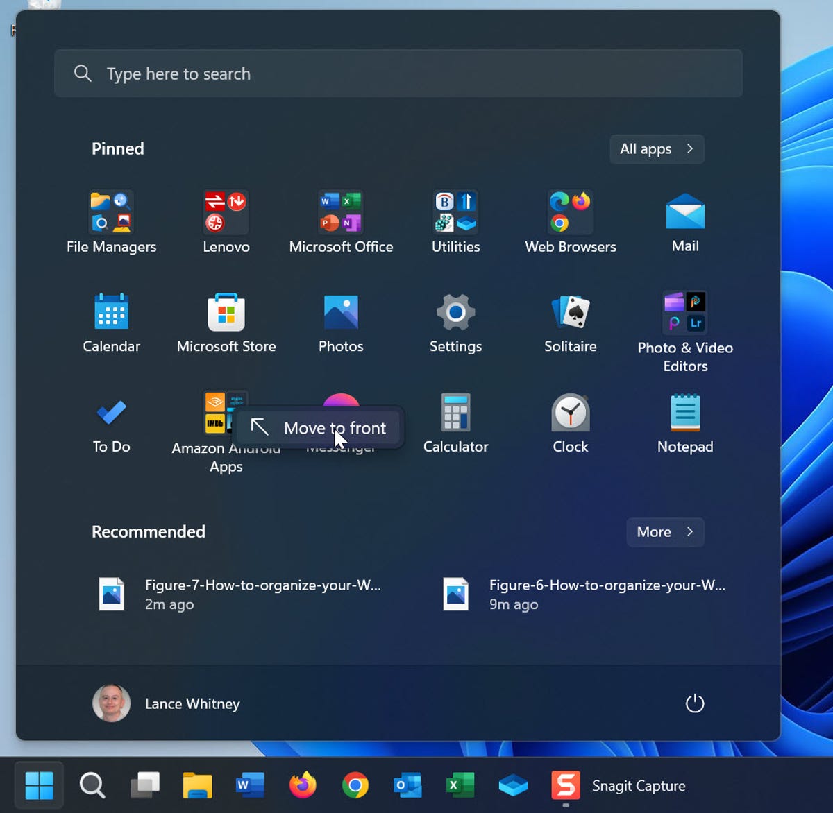 Moving folders around the Windows 11 Start menu with Move to front button.