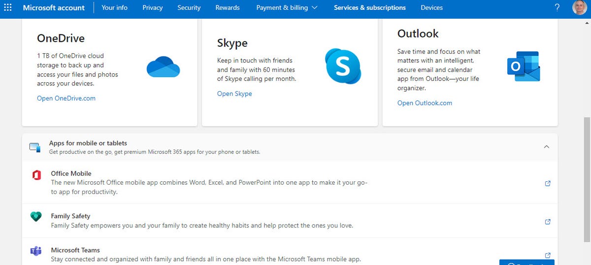 Overview page for Microsoft 365 subscription