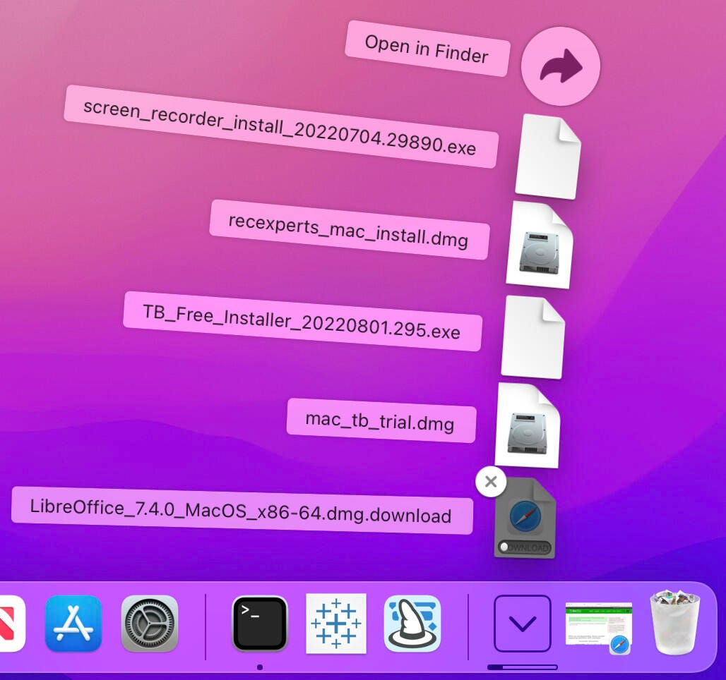 LibreOffice figure dans la pile des téléchargements sur macOS.
