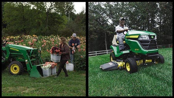 A side-by-side comparison of a John Deere mid-sized tractor and John Deere riding mower.