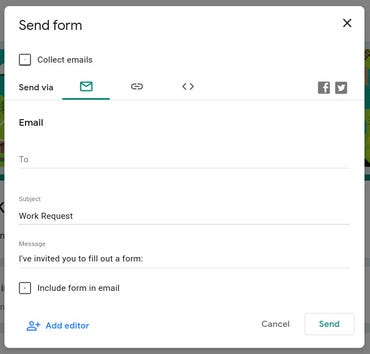 The Google Forms send window.