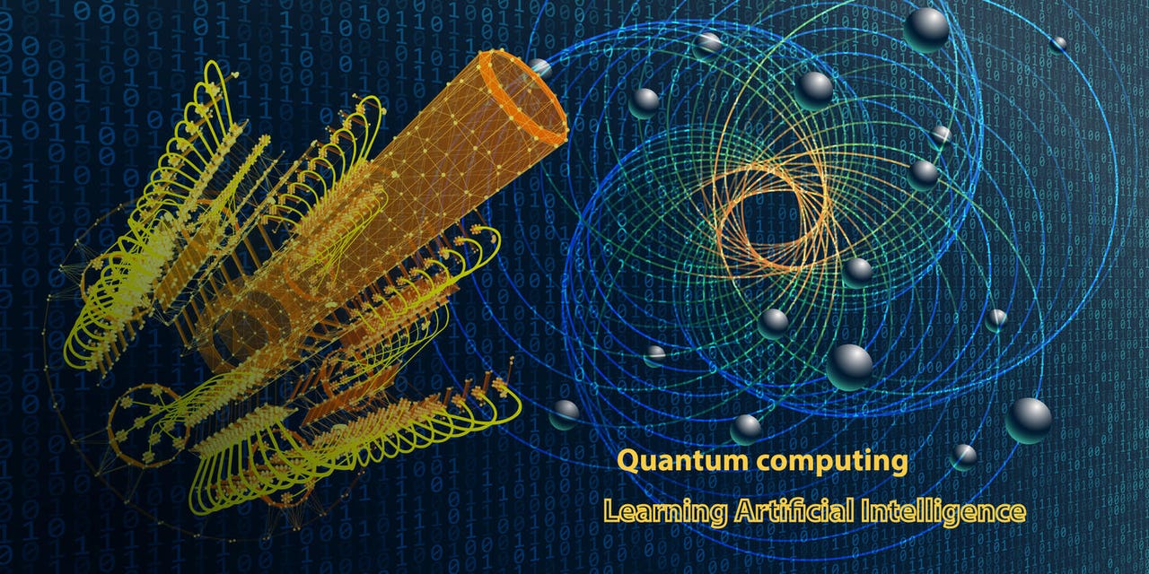 Quantum computer. Abstract physics  background concept with qubit. Learning artificial intelligence element. Cryptography infographic vector. Big data algorithms visualization.