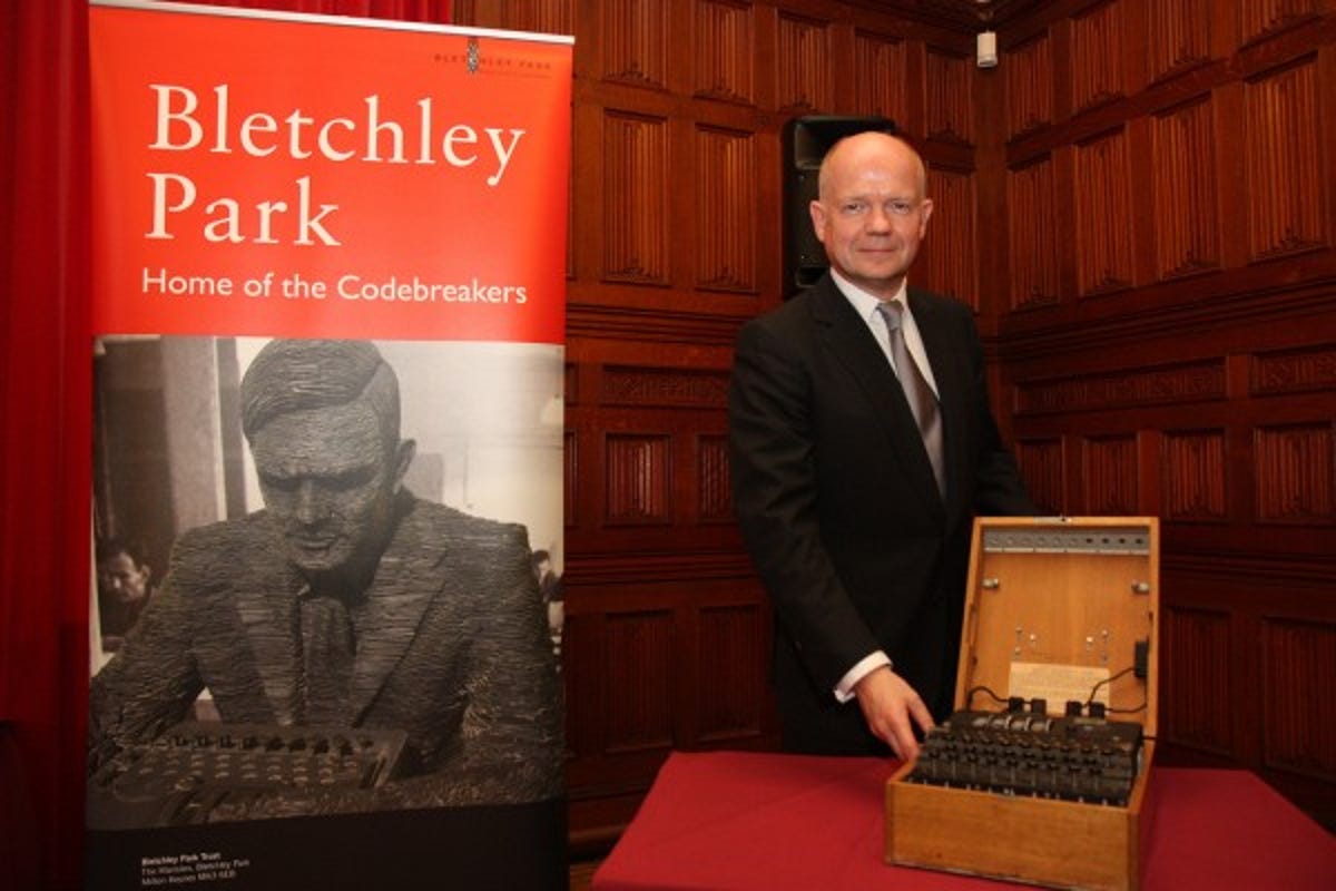 Foreign secretary William Hague with the Enigma machine that will go on display in the Foreign and Commonwealth Office