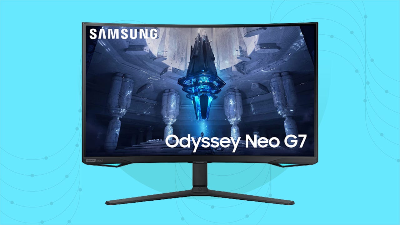 The Samsung Odyssey Neo G7 monitor is on display.