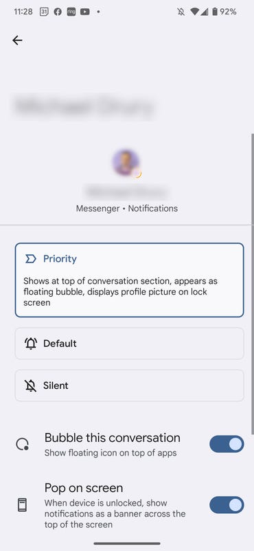 La fenêtre de paramétrage des notifications pour une conversation dans Android 13.