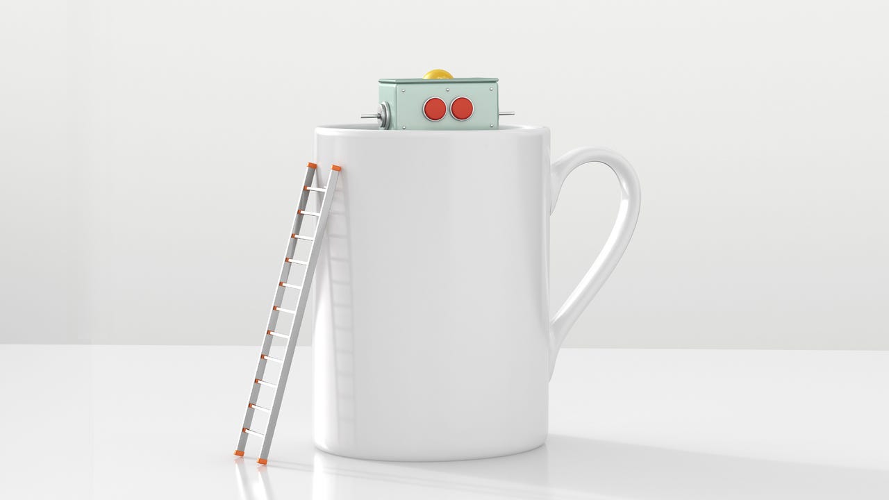 Robot hiding in a mug, 3d rendering - stock illustration
