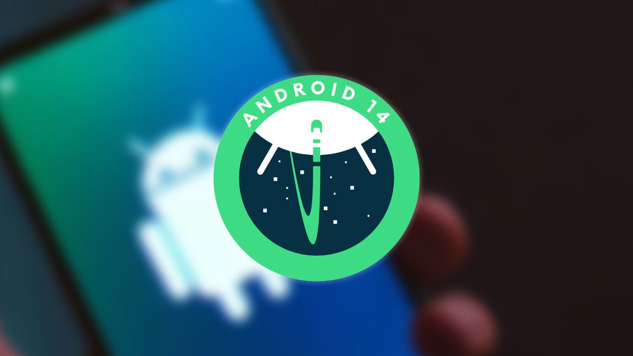 Android 14 logo with a hand holding an Android device in the background
