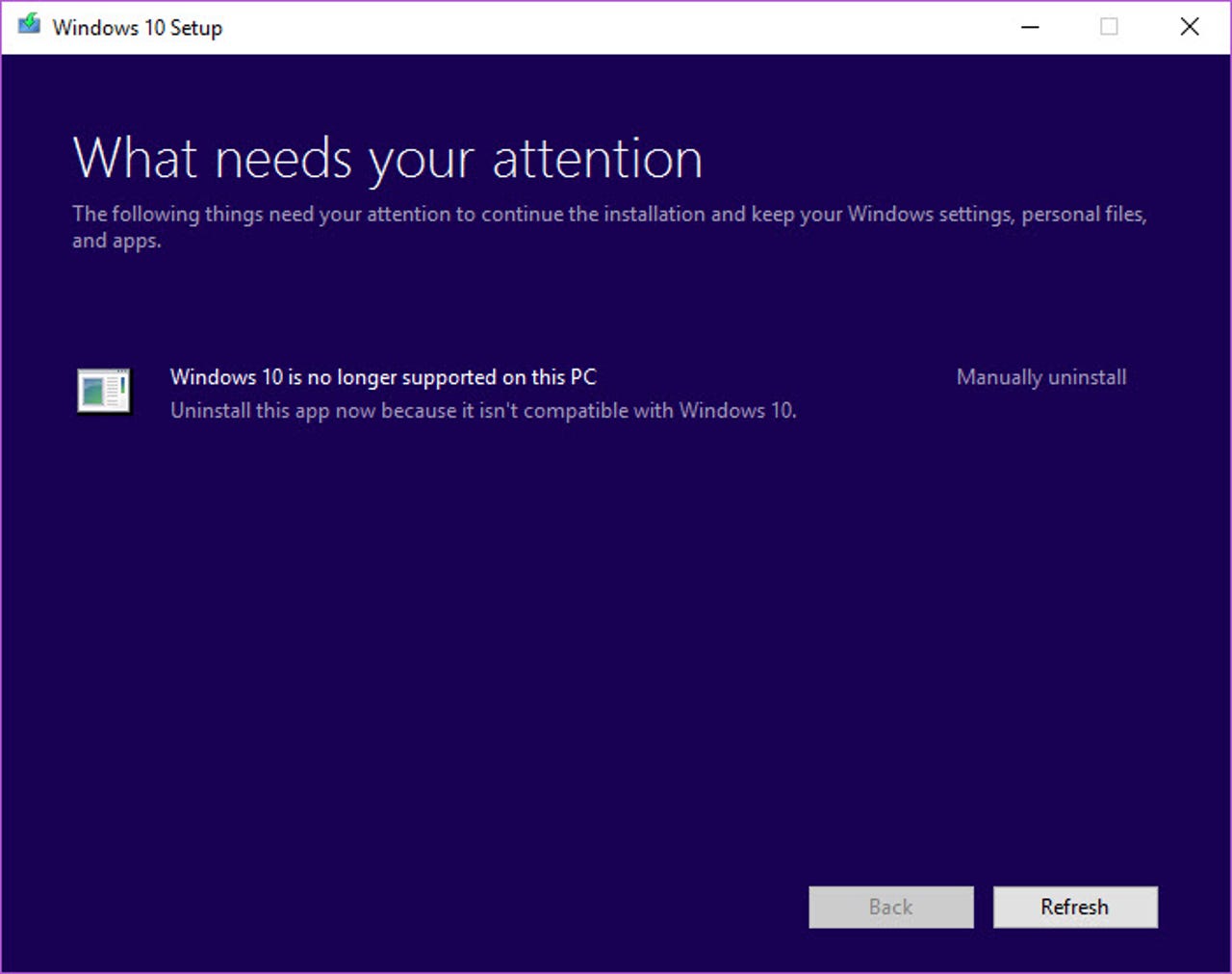 Windows 10 is no longer supported - error message