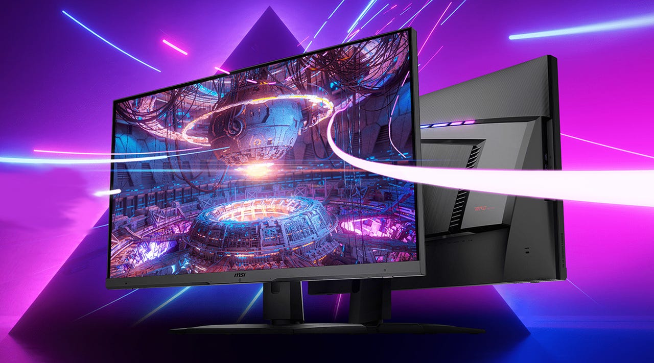 An MSI Optix MPG 32-inch gaming monitor on a blue, purple, and pink background