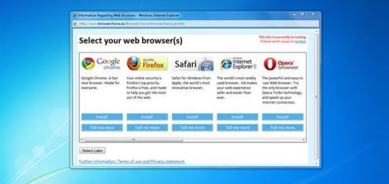 Microsoft's 'browser ballot' screen for Windows users in Europe