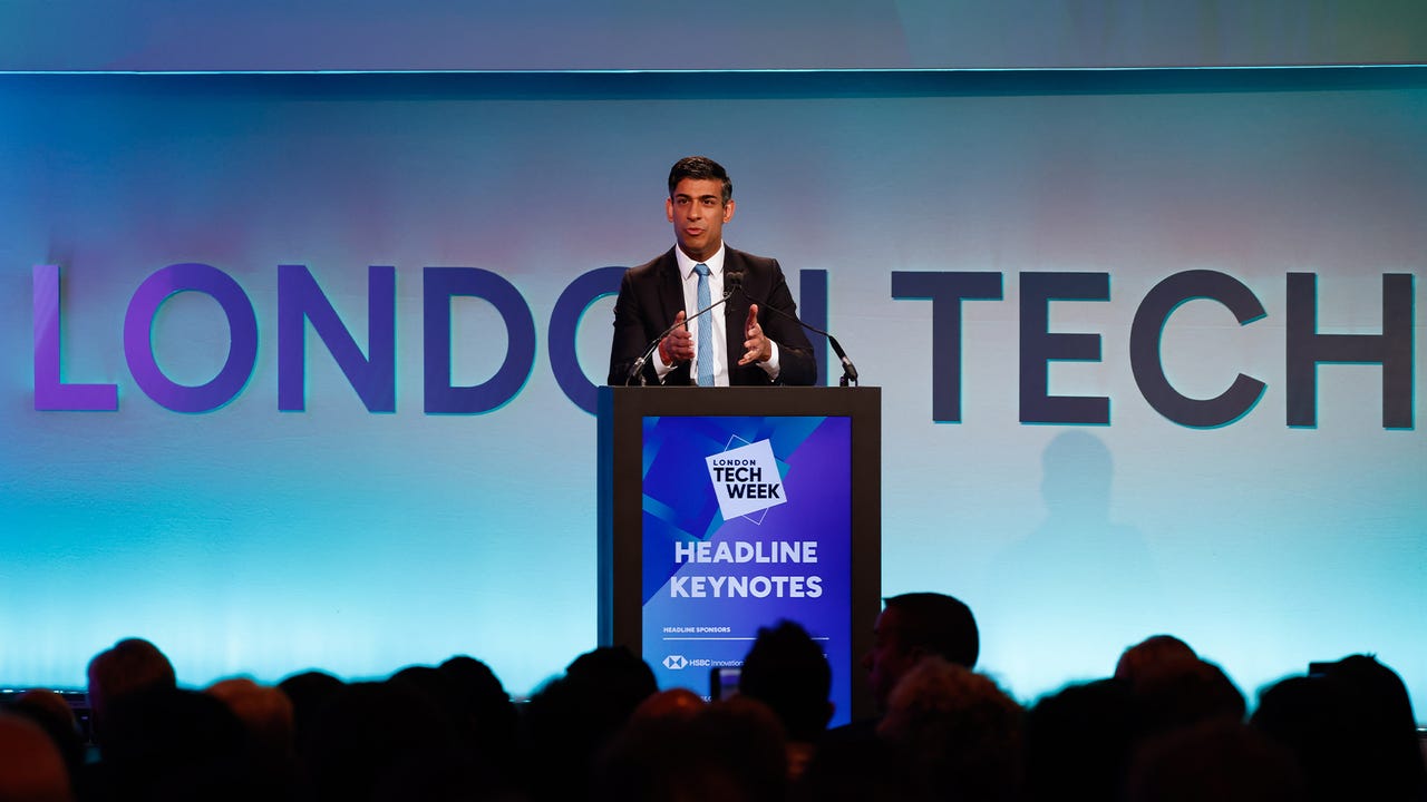 Rishi Sunak, UK prime minister, speaks at the London Tech Week conference in London, UK, on Monday, June 12, 2023. Sunak will keep up his push to give Britain a leading role in global regulation of artificial intelligence, while warning industry leaders the nation must act quickly to retain its position as one of the world's tech capitals. Photographer: Carlos Jasso/Bloomberg via Getty Images
