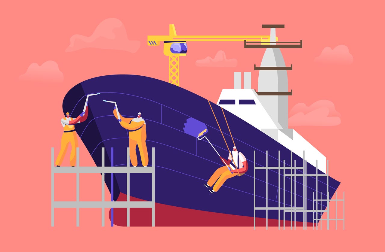 Shipbuilding Concept. Engineers Male Characters Welding and Painting Board Assembling Nautical Vessel on Scaffold in Dock. Ship Building and Manufacturing Industry. Cartoon People Vector Illustration